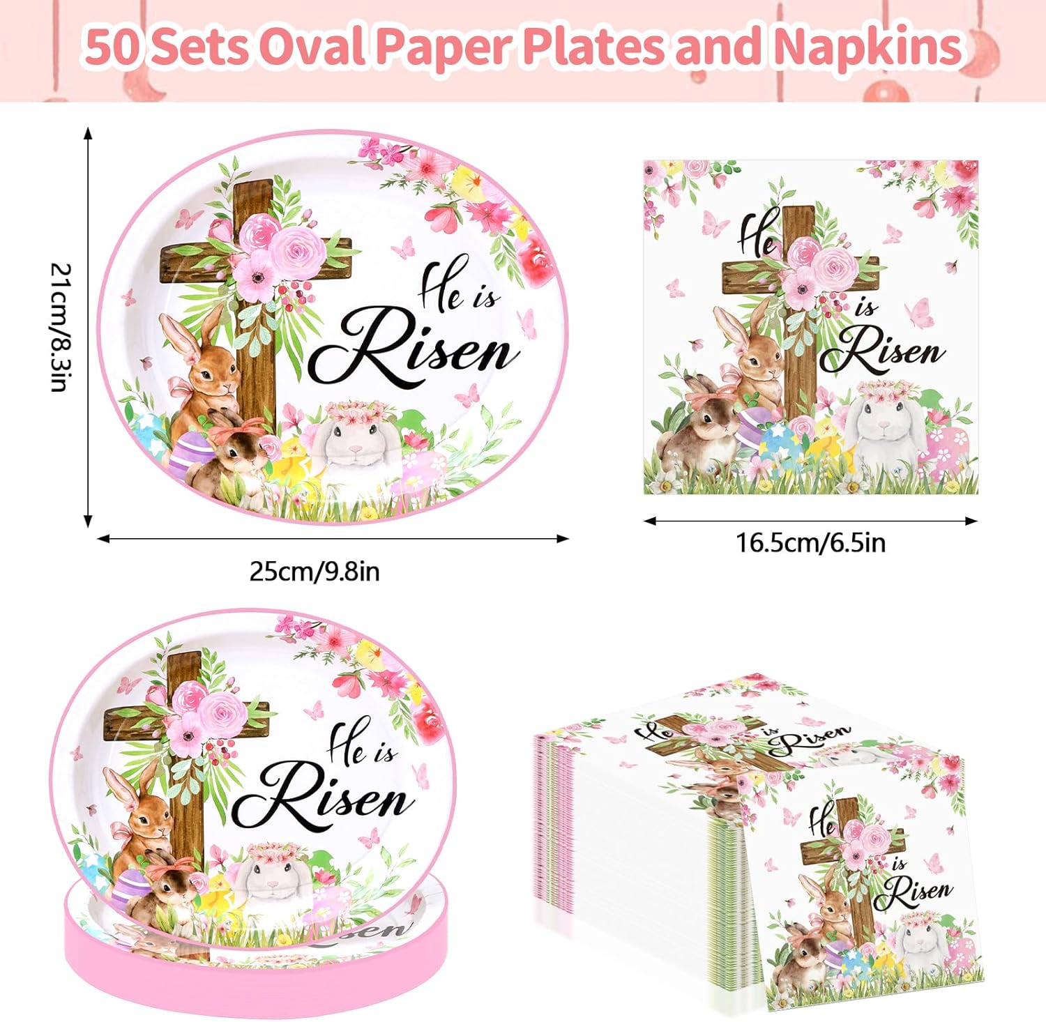 50 Sets Easter Tableware 50 He is Risen Easter Paper Plate Oval 50 He is Risen Disposable Napkins Bunny Egg Cross Flowers Paper Towels Dinner Plate Hand Towels for Spring Easter's Party