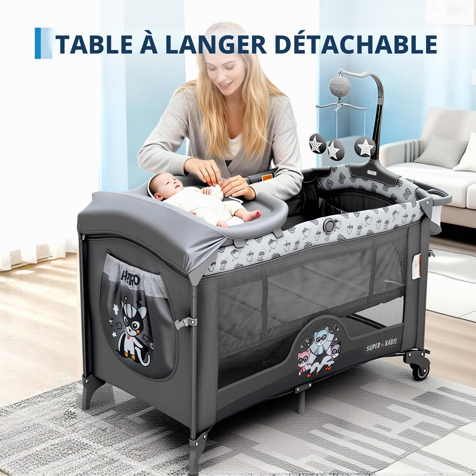 5 en 1 Lit Bébé Pliable,Réglables en Hauteur, Aucune Installation Nécessaire,Jouets,Table à Langer, Super Forte Charge Porteuse, Facile à Voyager, Moustiquaire, De La Naissance à La Petite Enfance