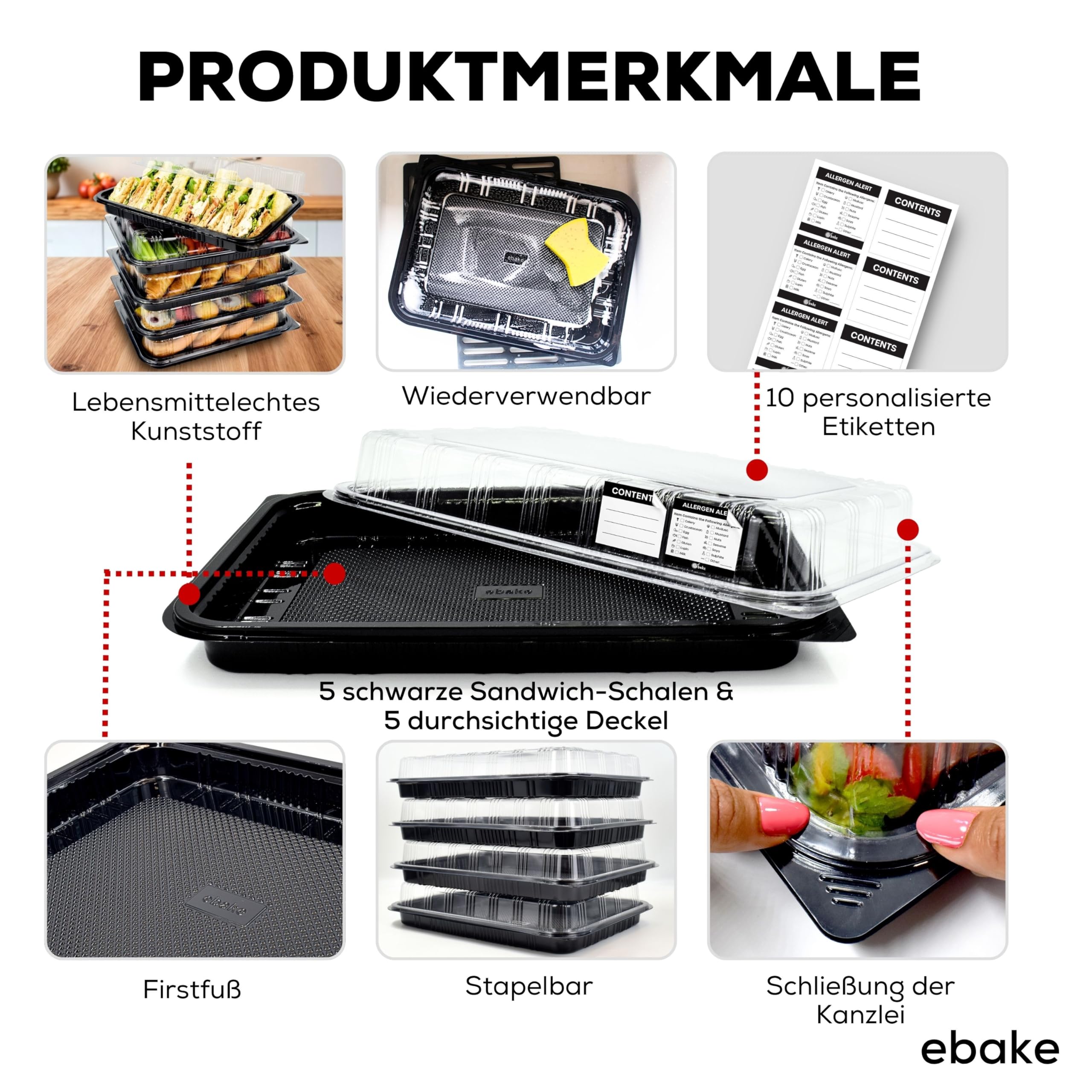 5er-Set Serviertabletts – 34 x 24 x 7,5 cm Servierplatte mit Deckel für Buffet Zubehör Partys und Catering, Einweg Inklusive Sticker-Etiketten