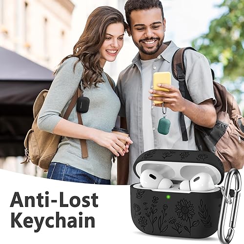 Miniatura 9 de Hamile Funda para AirPods Pro de 2 generación con kit de limpieza y llavero, funda protectora de silicona suave grabada con flores para Apple