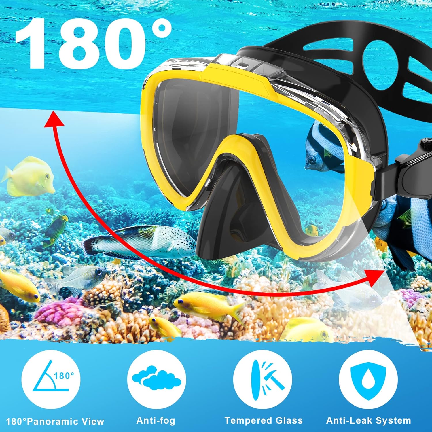 Snorkeling Gear for Adults, Dry Top Snorkel Set with Panoramic Anti-Leak and Anti-Fog Tempered Glass Lens, Adjustable Snorkeling Set for Scuba Diving Swimming Training Snorkel Kit - Image 2