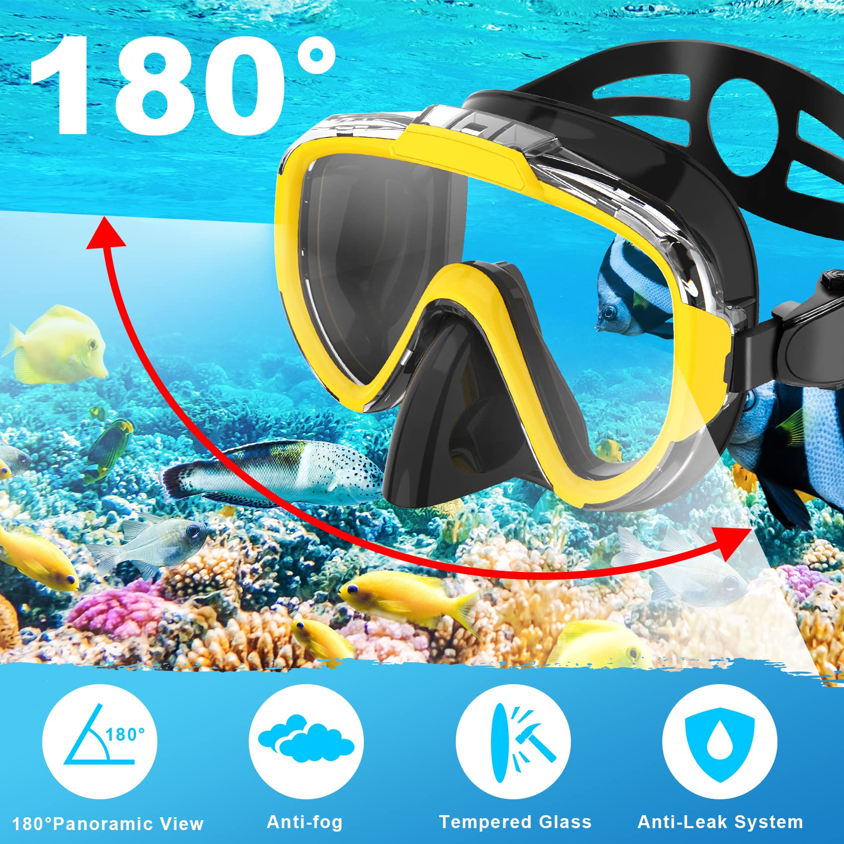 Zestaw do nurkowania, Zipoute Snorkel Dry Top sprzęt do nurkowania dla dorosłych, panoramiczna soczewka ze szkła hartowanego zapobiegająca wyciekom i zaparowaniu, regulowany zestaw do nurkowania
