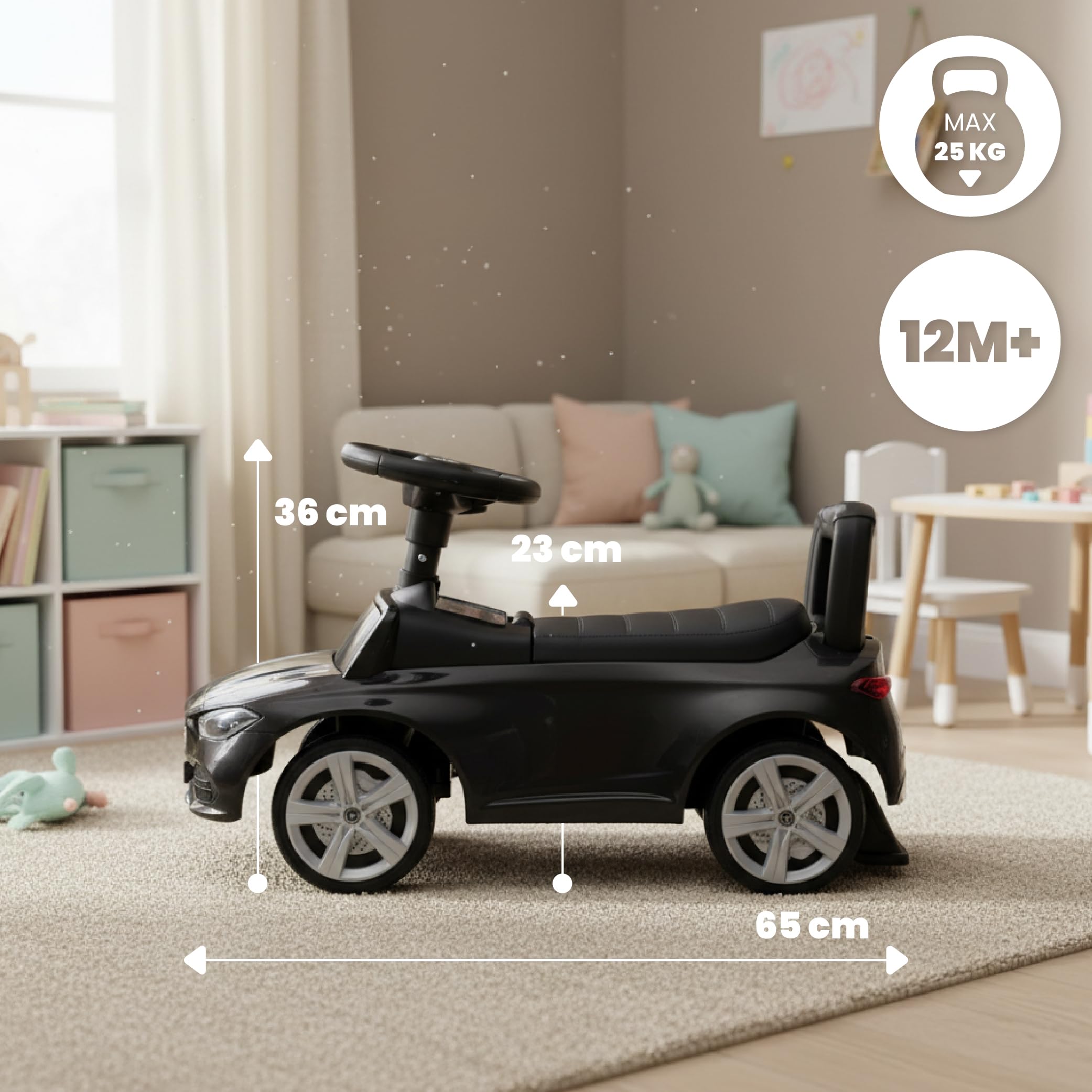 Porteur Enfant 1 an Mercedes AMG C63 Coupe S voiturette, Interactive avec klaxon et Sons de Moteur Push Car (Noir)