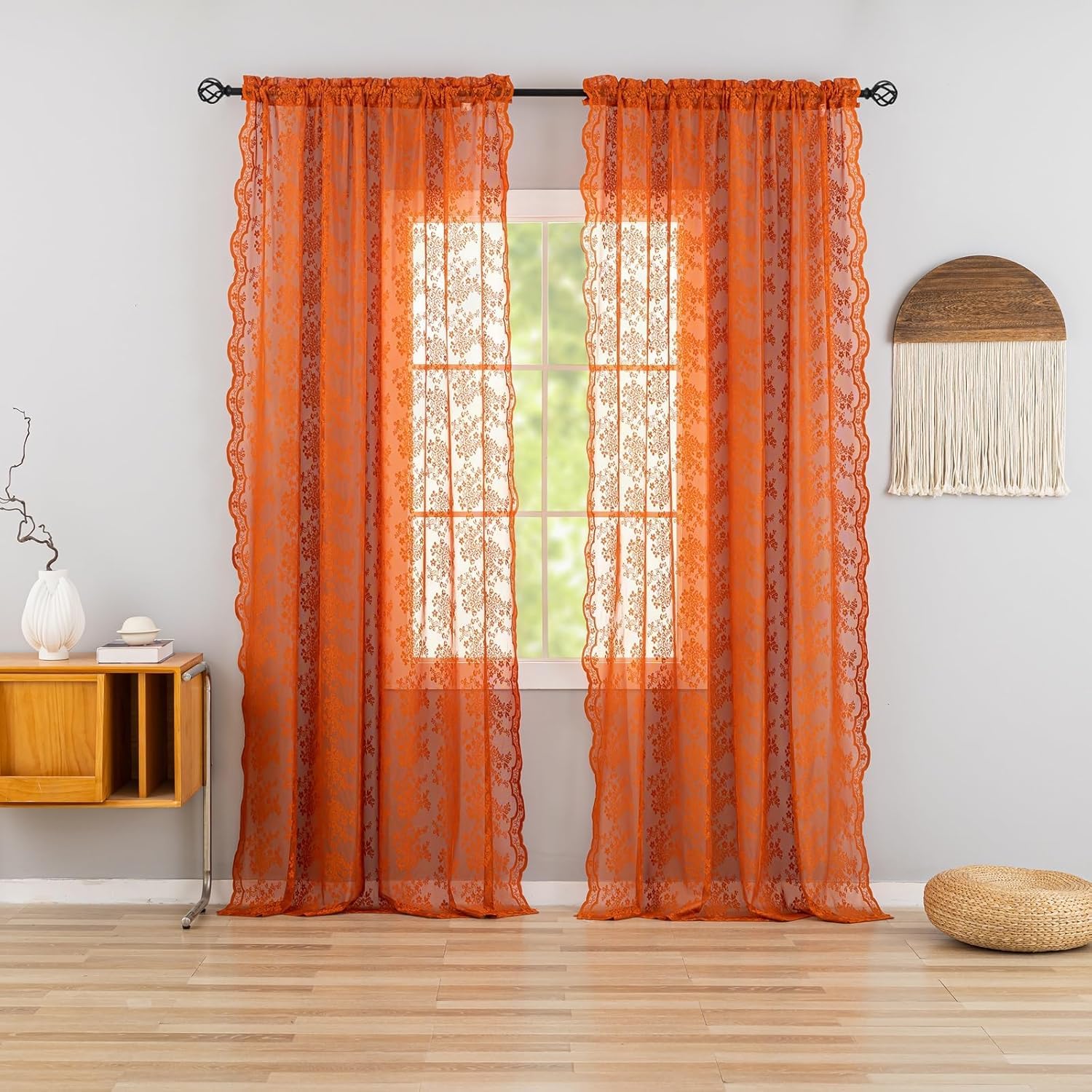 YJ YANJUN Burnt Orange 108 inch Curtains 2 Panels Extra Long Floral Pattern Lace Voile Window Drapes Fall Color Sheer Curtains for Living Room Dining Room Sliding Glass Door 52Wx108L Light Brown Red