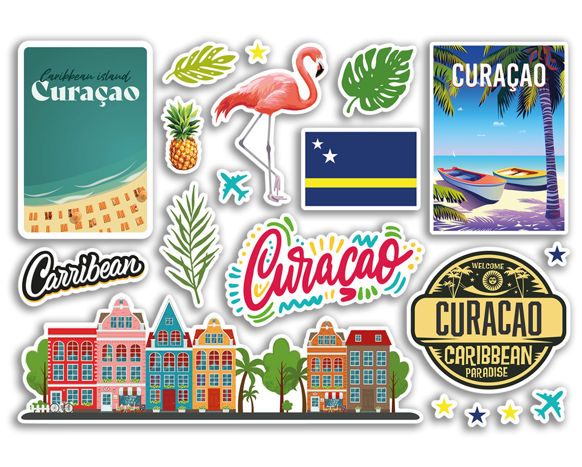 Dv Design Multi A5 Sticker Sheet Curacao Landmarks Vinyl Stickers - Caribbean Beach Summer Tropical Coast Flamingo Airport Stamps Skyline Flag Map Travel Holiday Scrapbooking Luggage #79211