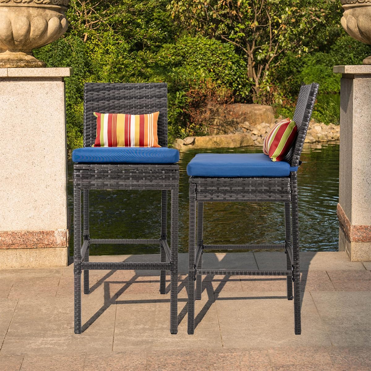 Sundale Outdoor Wicker Bar Stool Set of 6, 30 Inch Seat Height Patio Counter Height Stool with Back Rest, Rattan Woven Tall Chair with Pillow & Cushion (Charcoal&Navy Blue, Small Seat - 6 Stools)