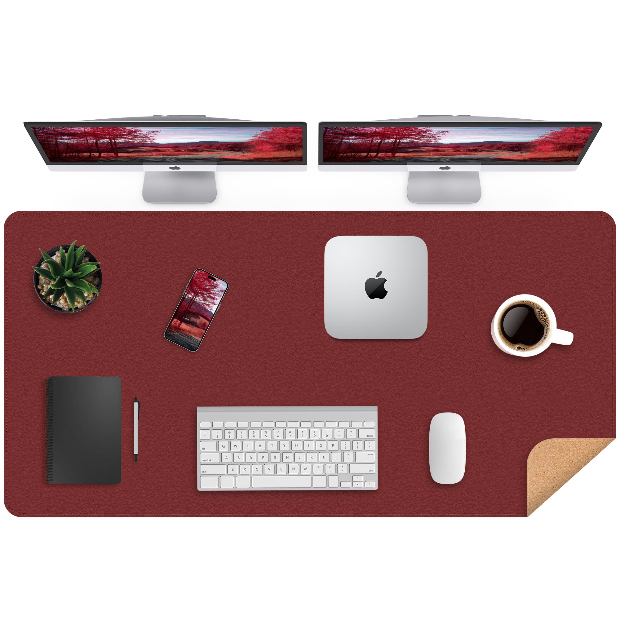 Leather Desk Mat, Large Mouse Mat,PU Leather & Cork Desk Pad, Waterproof Leather Table Protector Writing Pad for Office and Home(120 x 60 cm,Red) — image 1
