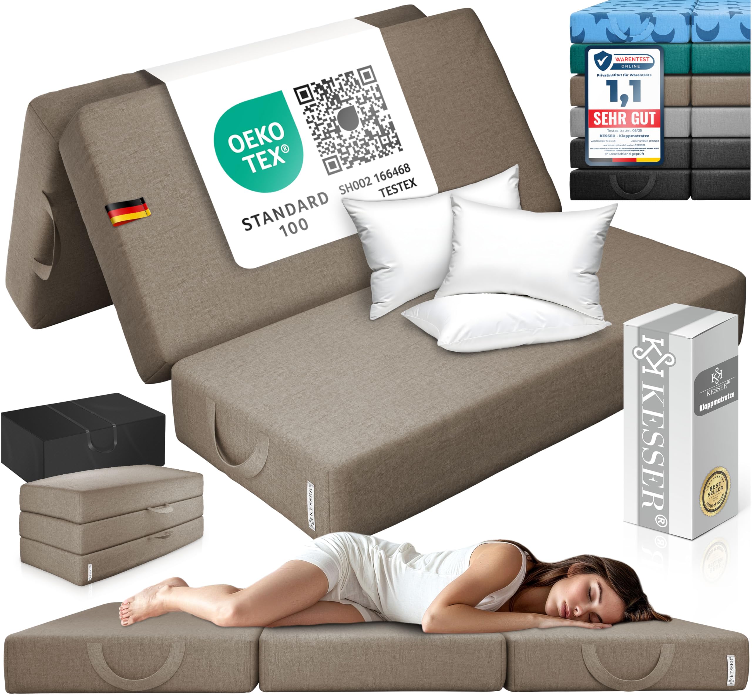 KESSER® Klappmatratze 120 x 195 x 15 cm Gästematratze 3-Fach faltbar zum Sitzhocker Faltmatratze Schaumstoff 25kg/m³ extra dick 15cm atmungsaktiv waschbar Abnehmbarer Bezug inkl. Camping Tragetasche