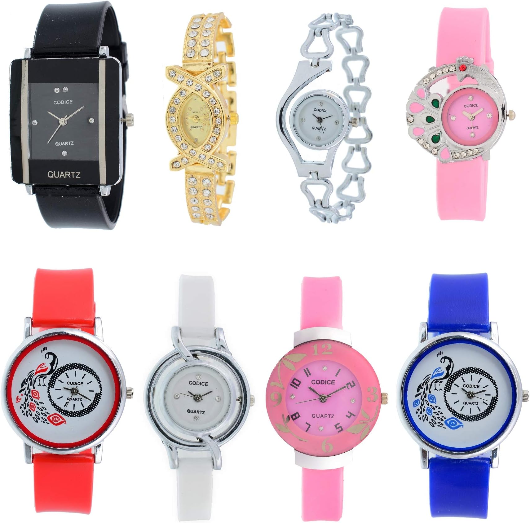 CODICE Analogue Black, Blue, Pink, White, Red, Golden Dial Watches for Girls Combo of 8