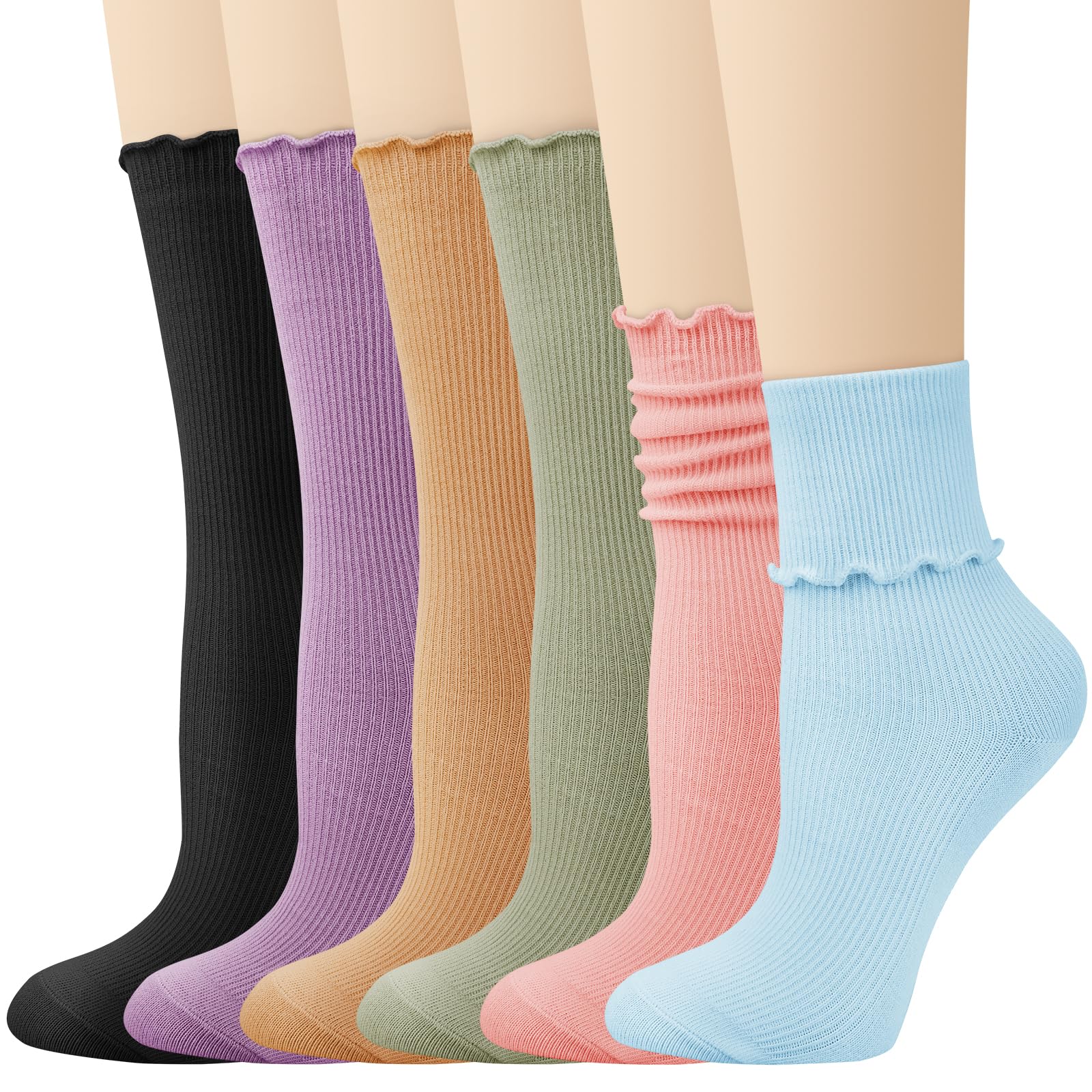 Justay 6 Pairs Ruffle Socks Soft Cute Frilly Turn-Cuff Long Casual Slouch Cotton Crew Socks for Women Gifts