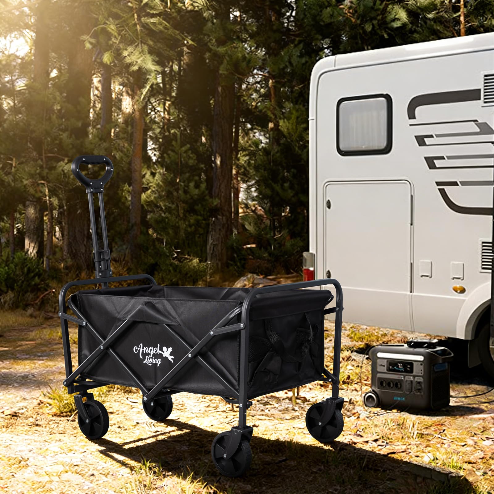 Angel Living Chariot de Transport Pliable, 200L Grande Capacité, 100kg Charge Statique, Chariot de Camping Tout Terrain avec Poignée Réglable, pour Jardin, Plage, Festival, Courses, Pique-Nique, Noir