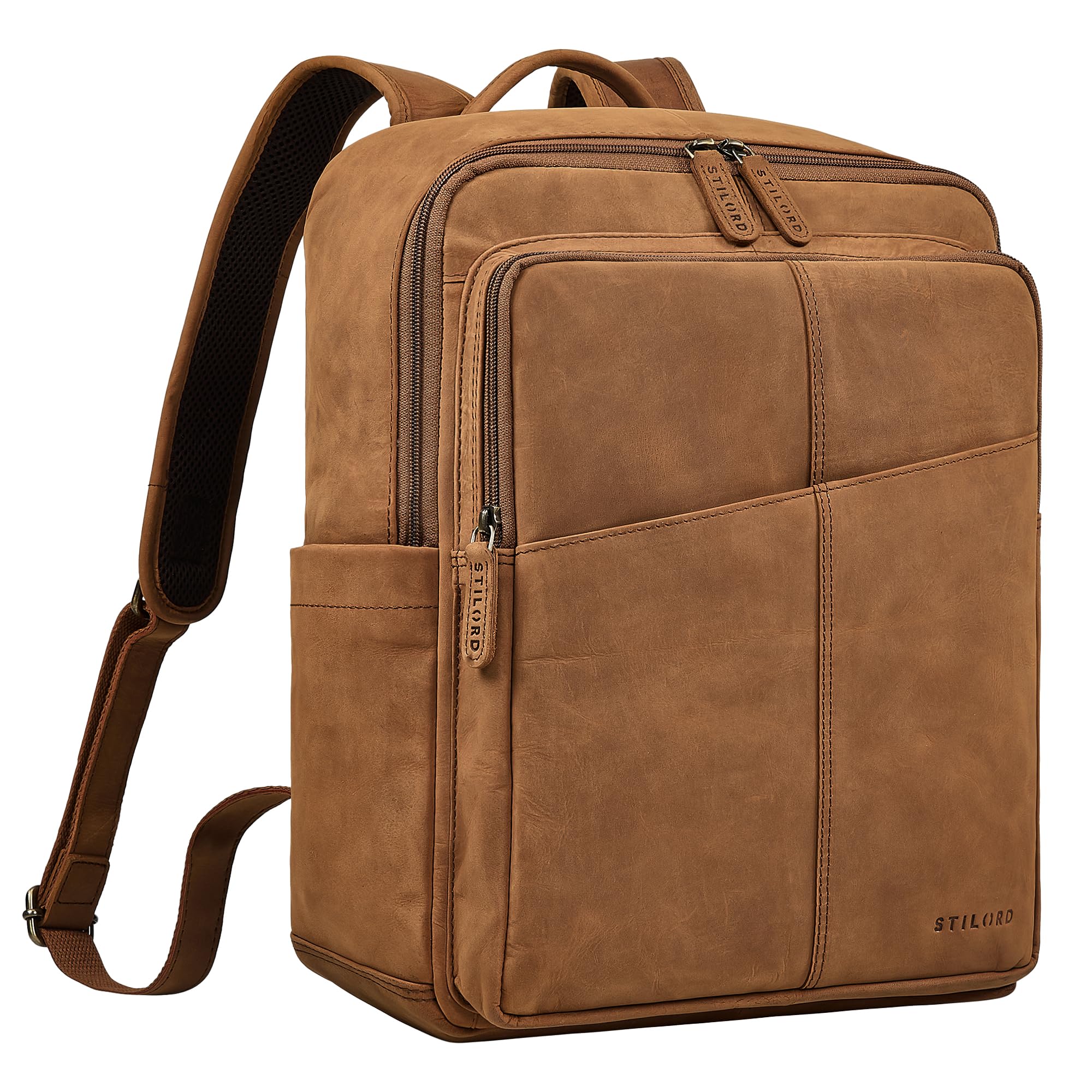 STILORD "Maurizio" Duży Męski Plecak Biznesowy ze Skóry Naturalnej na laptopa 15,6 cala Backpack do Pracy na Uczelnię z Uchwytem na Walizkę Elegancki Daypack Skórzany Kolor:tan-ciemny-brąz