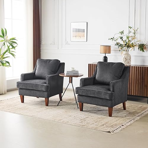 Miniatura 9 de VINGLI Juego de 2 sillas decorativas modernas de mediados de siglo, sillón tapizado negro, cómodos sillones de lectura, respaldo alto para sala de