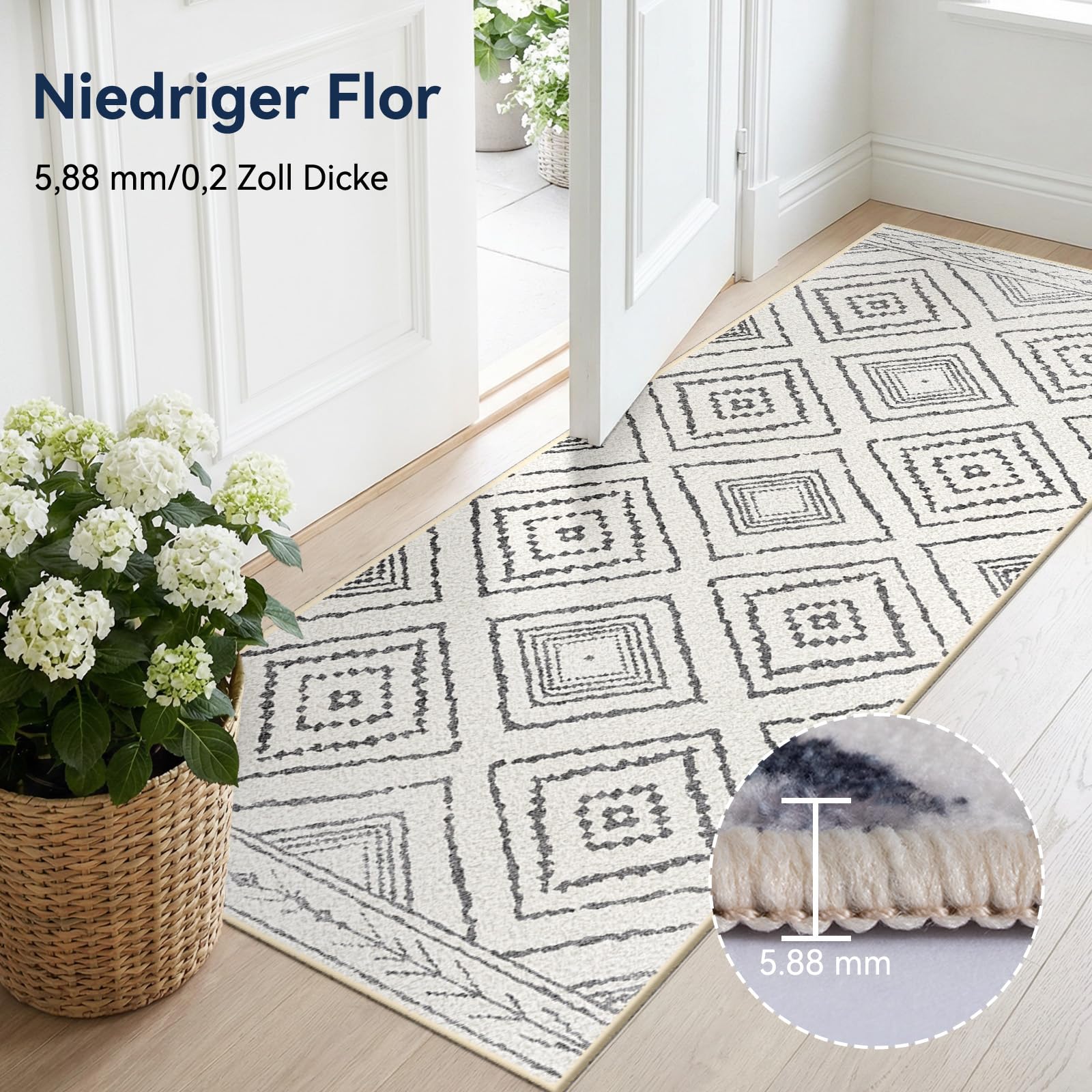 Teppich Läufer Flur 60 x 300 cm, rutschfest Küchenläufer, Kurzflor Teppichläufer, Waschbar, Faltbar, Boho Design – für Flur, Küche, Wohnzimmer & Büro, Schwarz-Weiß