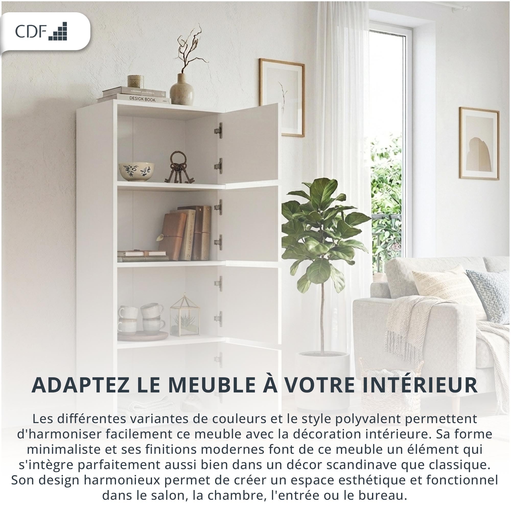 CDF Armoire De Rangement Haute 50cm 4 Portes 4 Étagères Salon Bureau Entrée Chambre Couloir Meuble Buffet Commode Placard Dressing Vestiaire Casier Cabinet Fin Push-to-Open sans Poignée Moderne Blanc