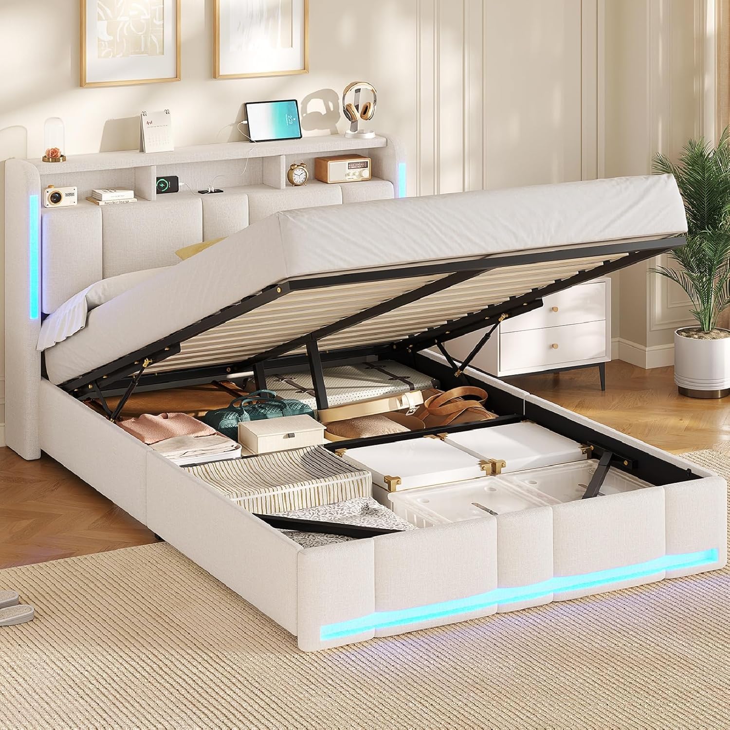 AOGLLATI Letto Matrimoniale con Contenitore 140x200 cm, Struttura Letto Matrimoniale con Illuminazione a LED e Stazione di Ricarica, Letto Imbottito con Sollevamento Idraulico e Testiera, Beige