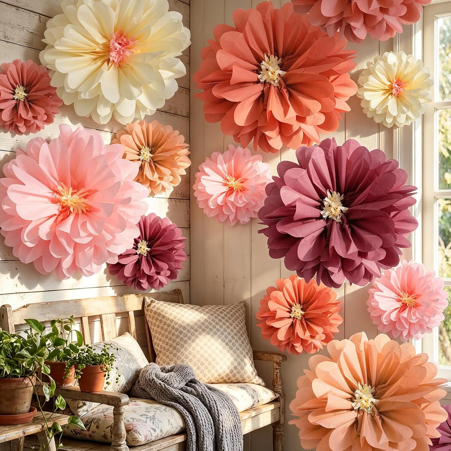 Watersay 12 Pcs 10" 20" Giant Mexican Fiesta Paper Flowers Colorful Tissue Crepe Flowers Pom Poms Craft for Floral Party Backdrop Wedding Birthday Party (Dusty Color)