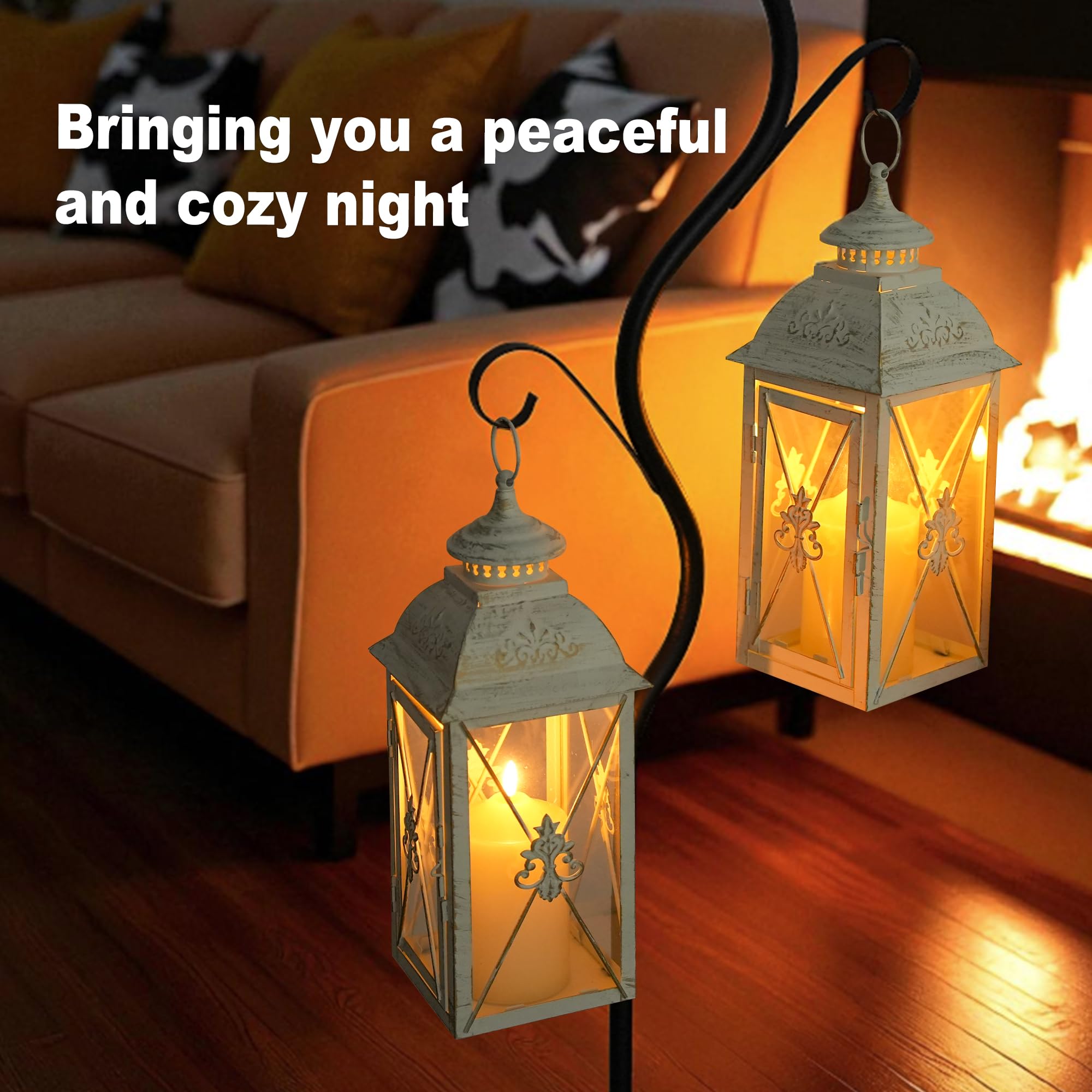 TRIROCKS Zestaw 2 wiszących lampionów w stylu vintage – 34 cm wysokości, dekoracyjny metalowy i hartowany świecznik, idealny na imprezy wewnątrz/na zewnątrz, patio, do ogrodu, na imprezy, białe i