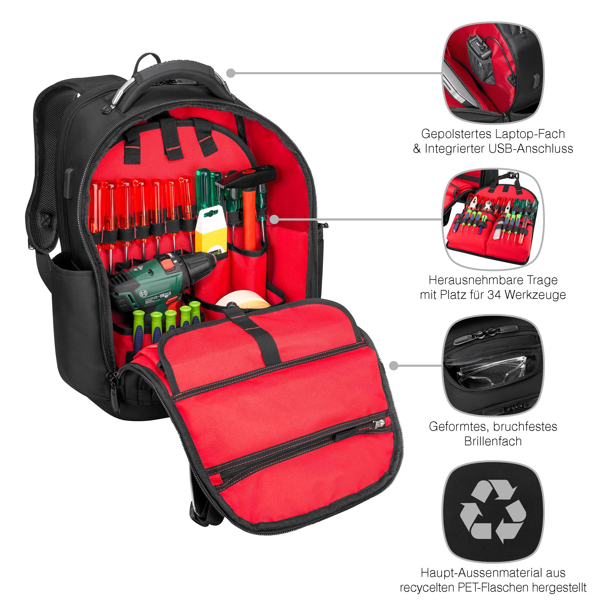 WENGER Tool Backpack Pro Werkzeugrucksack mit 17 Zoll Laptopfach, Arbeitsrucksack für Handwerker, Herausnehmbarer Werkzeug-Caddy, Schwarz, 653722