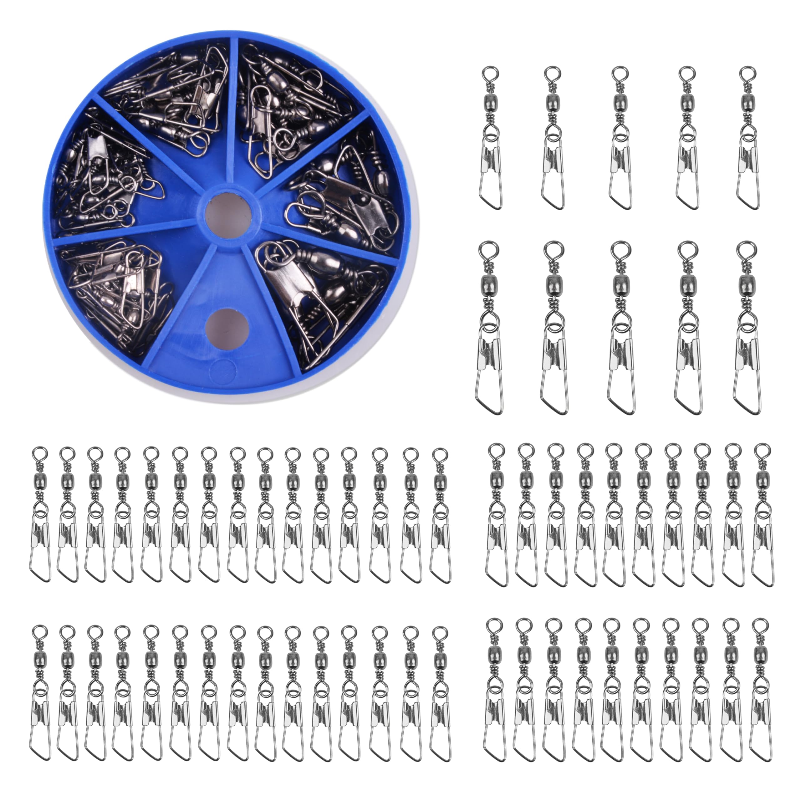 Barrel Snap Swivels Kit 60Pcs Barrel Swivels with Safety Snaps High Strength Fishing Quick Connect Snap Swivels with Fishing Tackle Accessories Box Kit Size 4 6 8 10 12 14