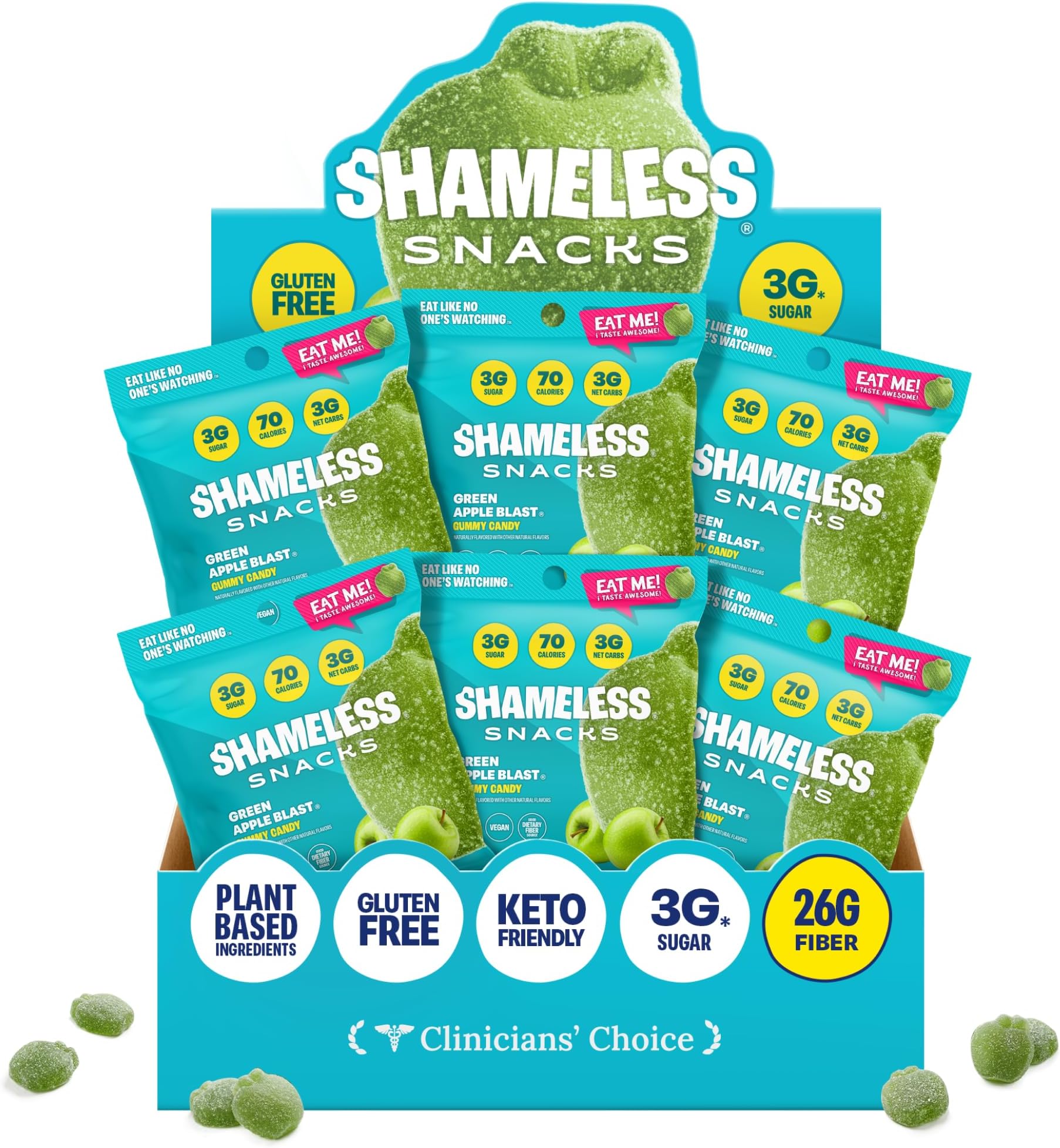 Shameless Snacks - Healthy Low Calorie Snacks, Low Carb Keto Gummies (Gluten Free Candy) - 6 Pack Green Apple Blast