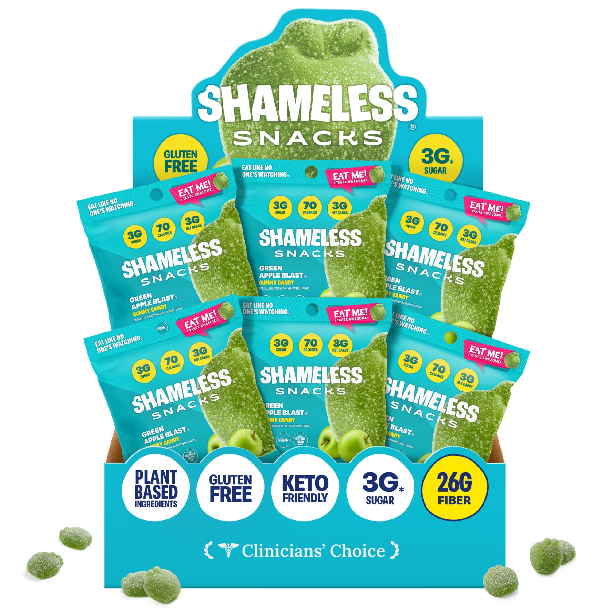 Shameless Snacks - Healthy Low Calorie Snacks, Low Carb Keto Gummies (Gluten Free Candy) - 6 Pack Green Apple Blast