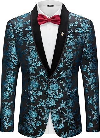 YND Mens Velvet Floral Blazer, One Button Tuxedo Jacket, Shawl Lapel Suit Coat for Dinner Prom Party Wedding