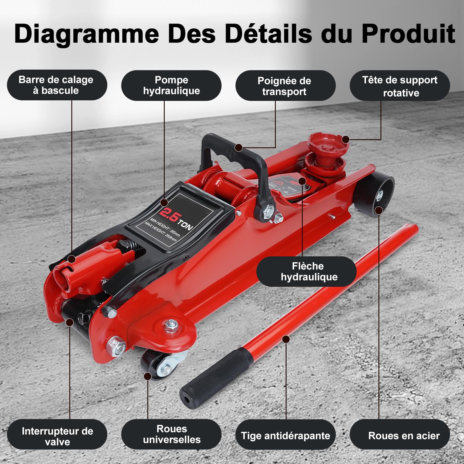 HYCHIKA Cric hydraulique, 2,5 T, avec pompe de levage rapide à piston, vérin hydraulique, plage de levage de 135 à 370 mm, pour berline, SUV, changement de pneu