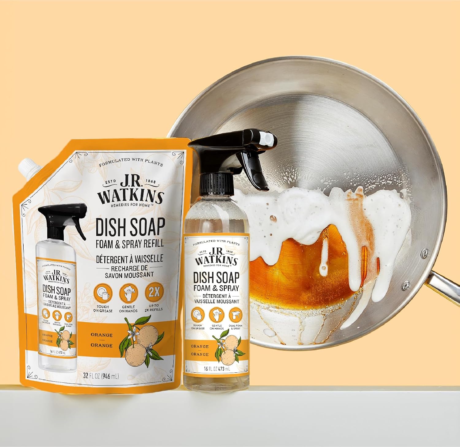 J.R. Watkins Foaming Dish Soap Refill Pouch, Crafted Clean & Cruelty Free, Orange, 32 fl oz, 6 Pack