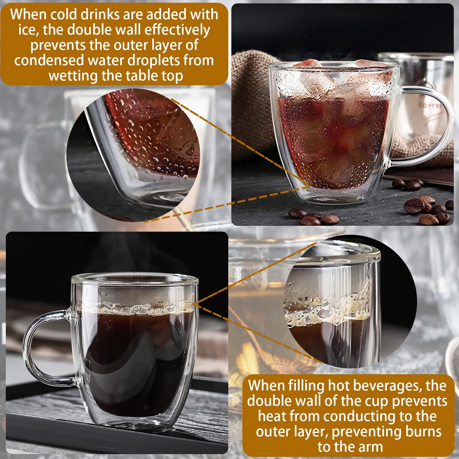 COMOOO Lot De 4 Tasses à Café En Verre à Double Paroi De 355