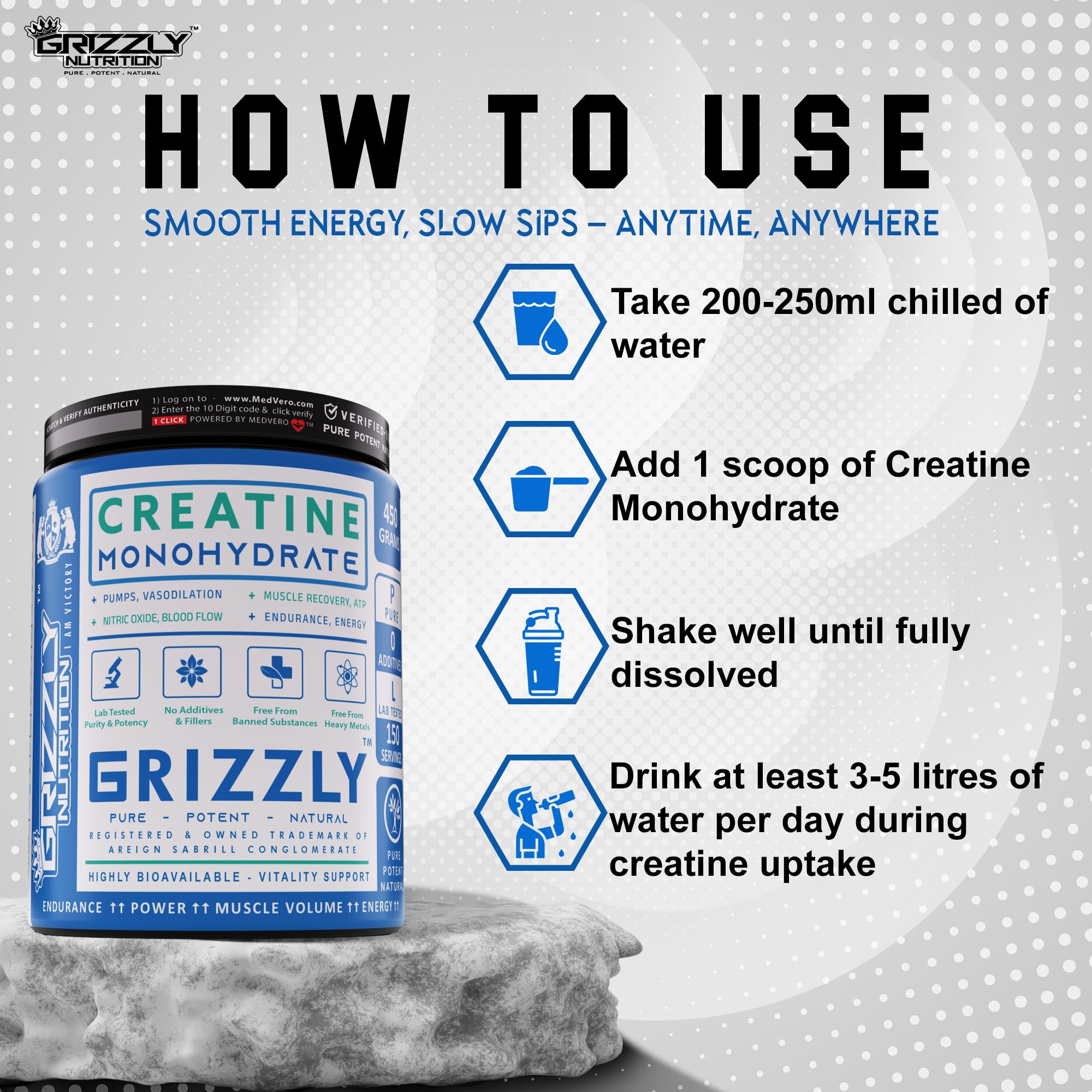Grizzly Nutrition Creatine Monohydrate Powder, 150 Grams, Pure and Potent, Lab Tested, 50 Servings, Unflavoured 3