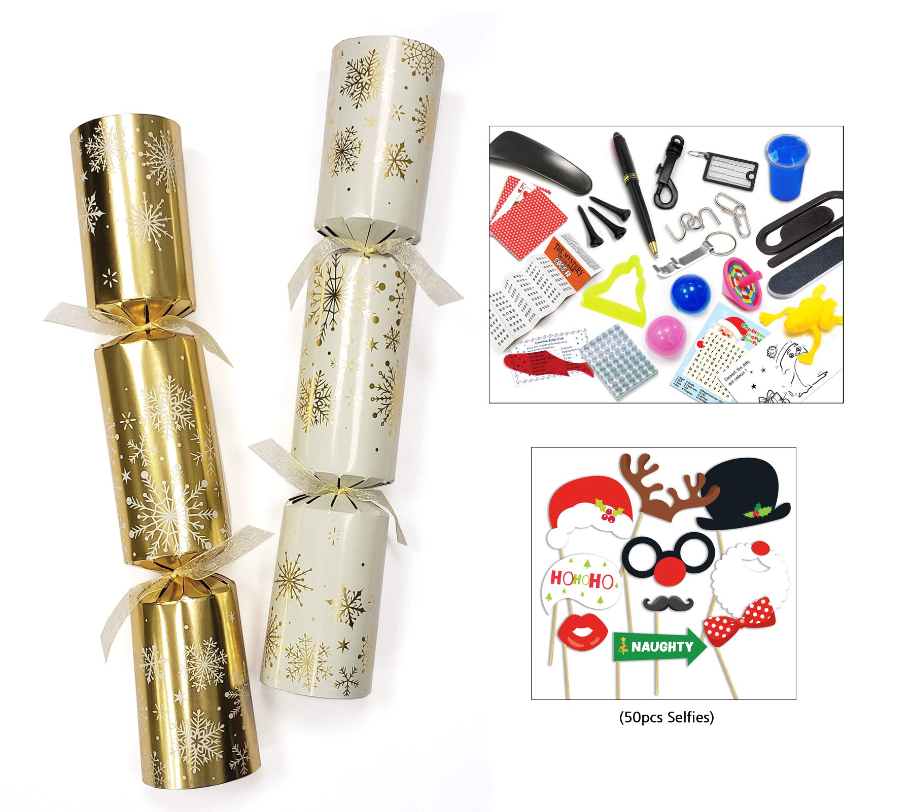 Diamond 127 x 30,5 cm Gold & Creme Schneeflocken Catering Weihnachten Knallbonbons mit Premium-Inhalt + 50 Stück Party-Fotokabinen-Requisiten auf Stäbchen