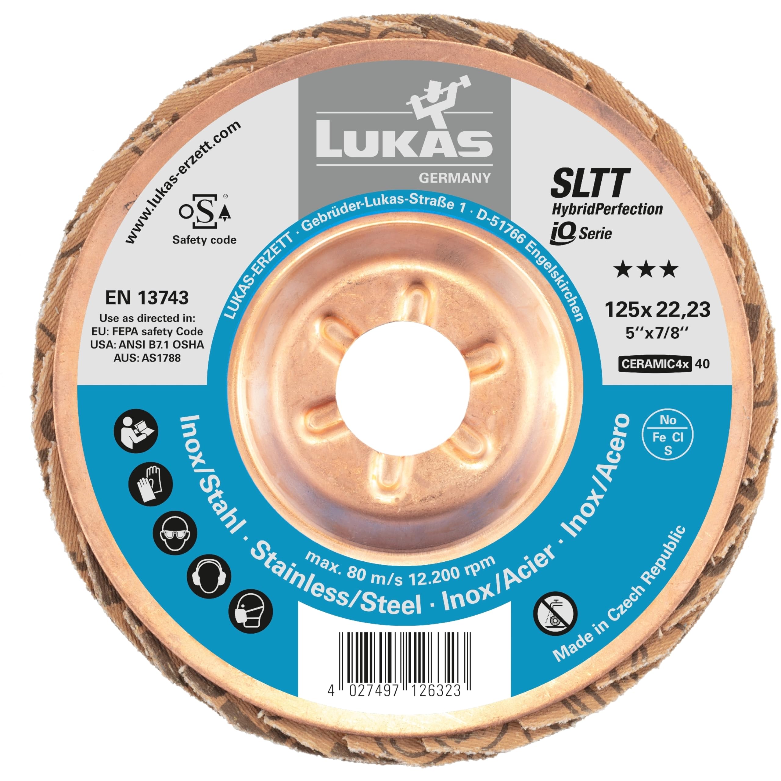 LUKAS-ERZETT 10 dischi abrasivi lamellari SLTT HybridPerfection Ø 125 mm Ceramic4x grana 60 | piatti