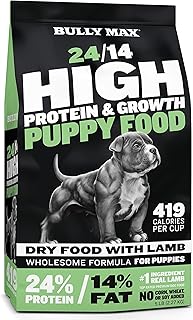 Bully Max Dog Food 24/14 High Protein & Growth Formula - Dry Dog Food, Puppy Food w/Lamb & Rice, All Breed Puppy Essentials, Slow Cooked Pet Food for Sensitive Stomachs, 5-Pound Bag