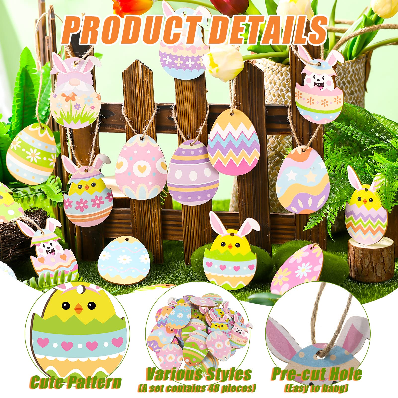 Set De 60 Adornos Colgantes De Madera Sin Tratar Para Manualidades De Pascua, 10 Formas Diferentes Incluyendo Huevos, Conejos, Flores Y Pollitos, Ideales Para Pintar Y Decorar