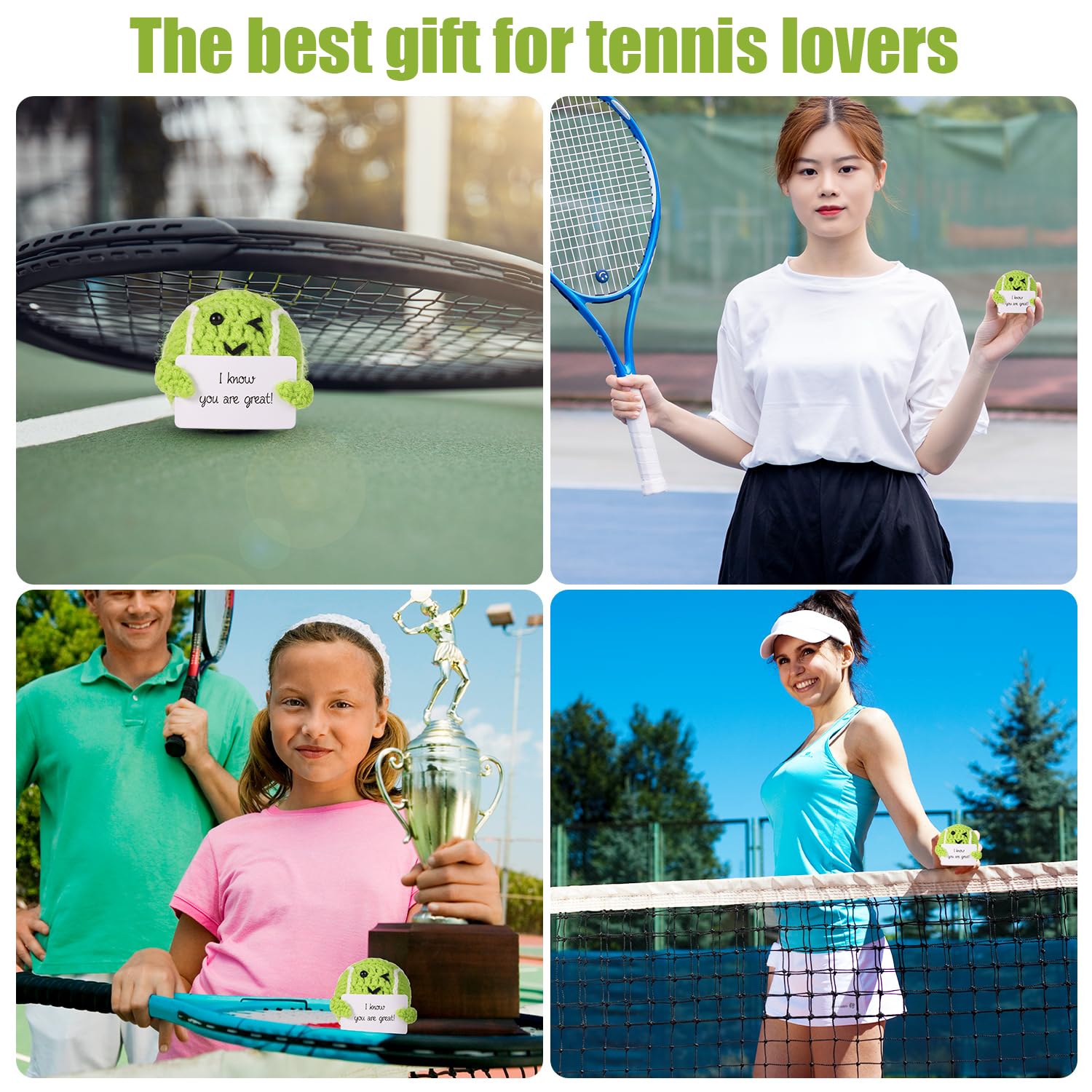 Zabawny Pozytywny Tenis, Mini Szydelkowa Zabawka Tenisowa Lalka z Karta Zachety Wsparcie Emocjonalne Szydelkowane Prezenty Sportowe Prezenty na Przyjecia Tenisowe dla Milosnika Sportu