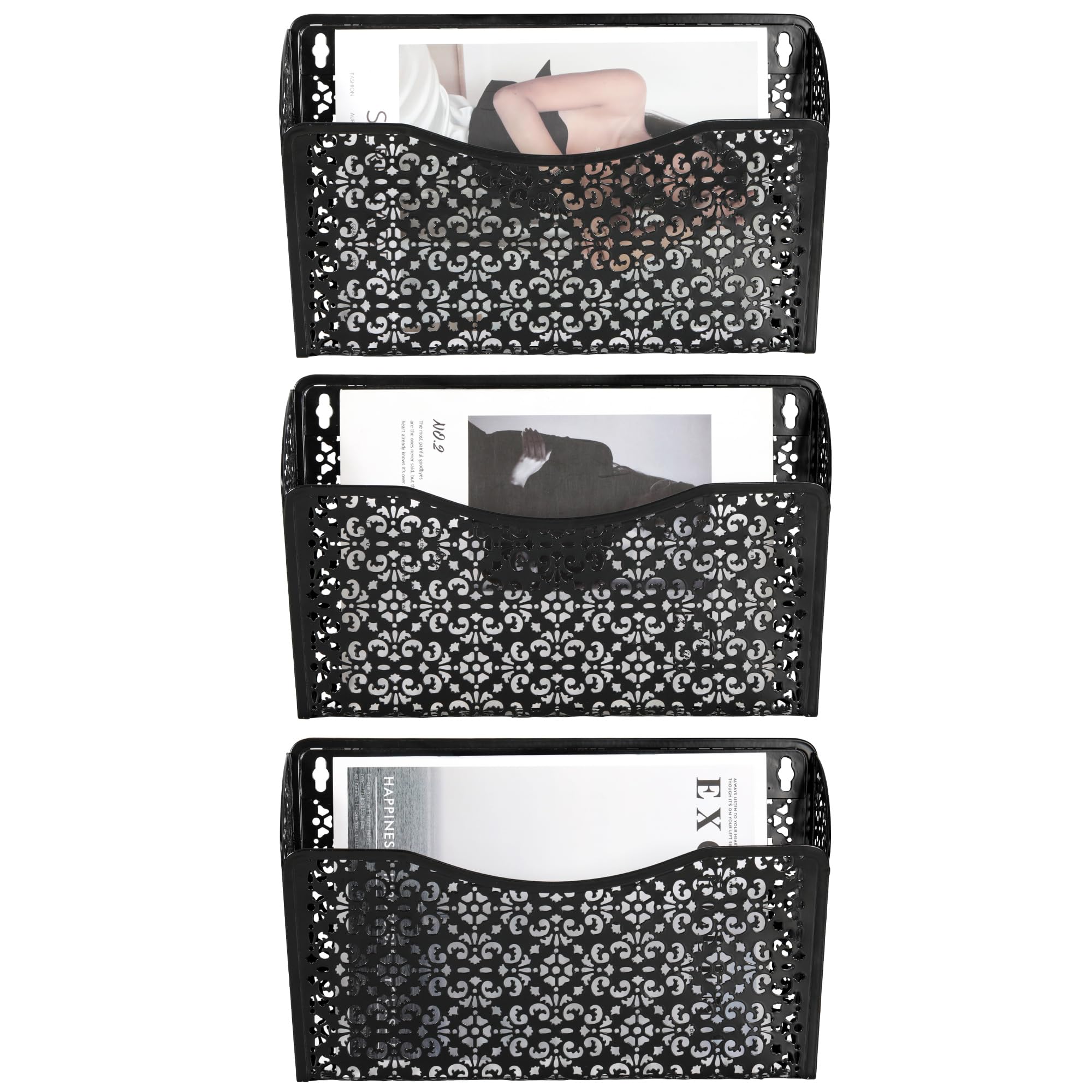 EasyPAG 3 Pack Hollow Design Wall-Mounted File Organizer - Heavy Duty Metal, Vertical Space Saving, Letter Size Single Pocket Holder for Office, Home, School, Black