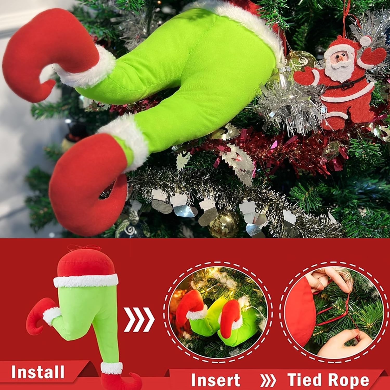 Christmas Elf Body Tree Decorations, Christmas Green Monster Stole Xmas Tree Topper, Pose-able Elf Stuffed Leg Arm and Head for Christmas Tree Hanging Oranemet