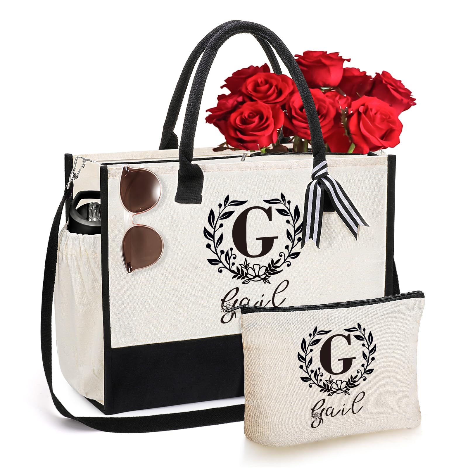 TEAYASONPersonalised Initial Canvas Tote Bag, Custom Name Present Bag for Wedding, Birthday, Beach, Holiday, Monogrammed Gift Tote Bag for Women, Mom, Teachers, Friends, Bridesmaids