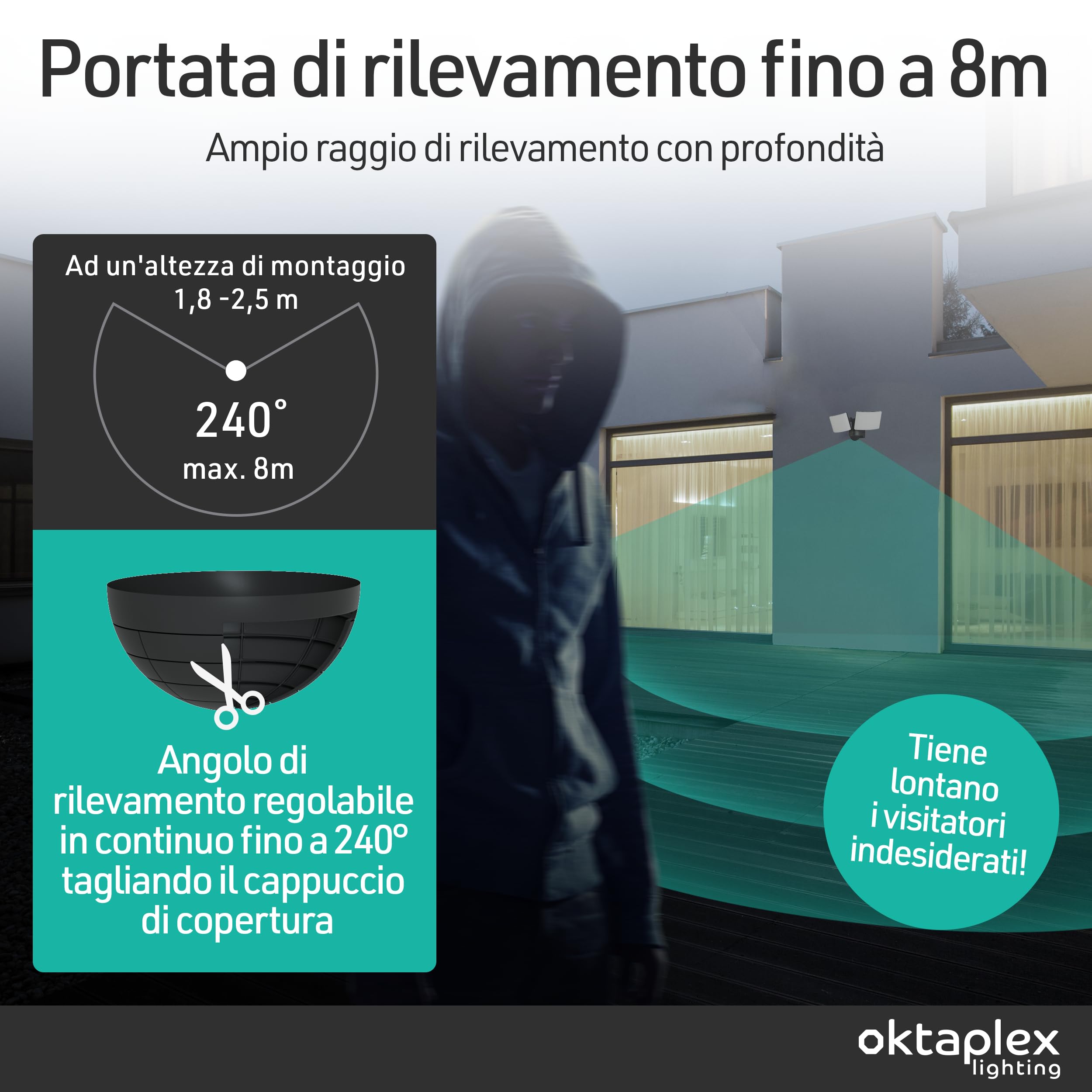 Oktaplex lighting Okatplex faretto LED per esterni 40W con sensore di movimento IP65 4450lm telecomando incluso Proiettore LED Cali bianco caldo 3000K antracite
