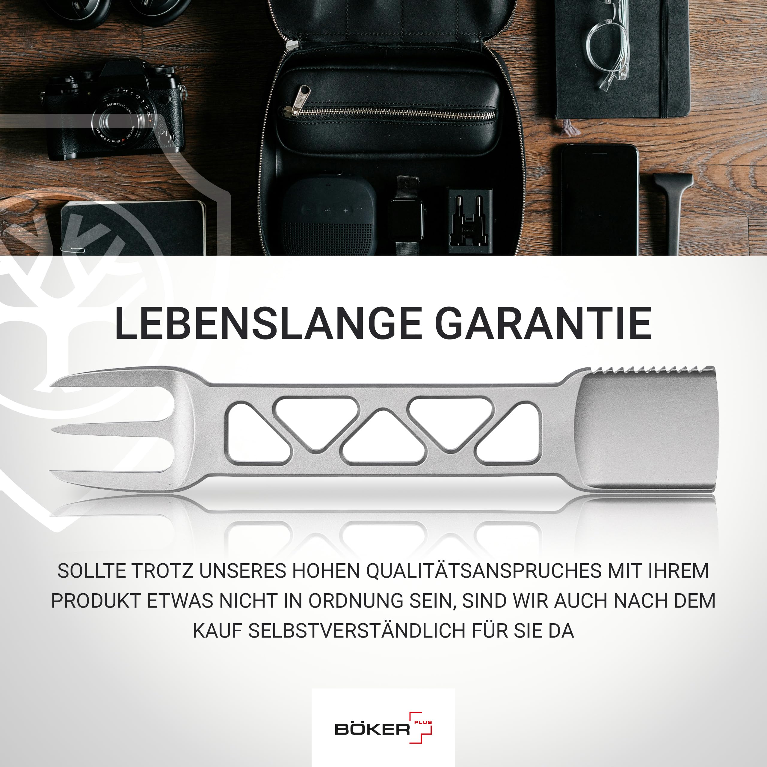 BÖKER PLUS® Metalbite - 3 in 1 Mini Camping Besteck Schlüsselanhänger - Multifunktion EDC Besteck mit Gabel, Löffel & Messer - Skelett Prybar mit Schaber - Pommes-Gabel & Pieker für unterwegs