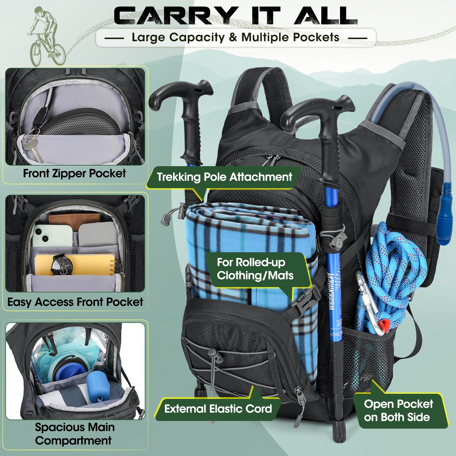 RAINSMORE Zaino Idratazione con Vescica 2L Leggero Isolato Zaino Trail Running 18L con Copertura Antipioggia Trekking Sportivo Idrico per Corsa Ciclismo Escursionismo Outdoor