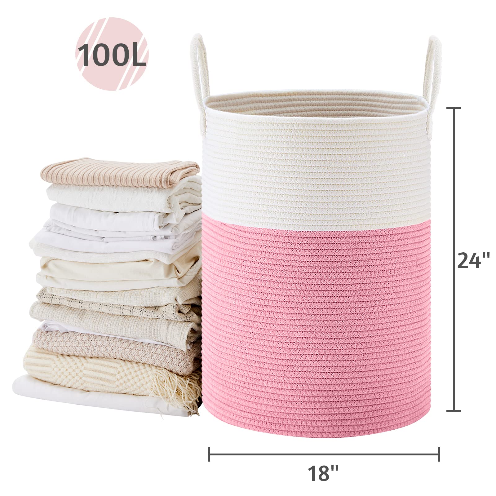 Viposco Grande cesto portabiancheria alto in corda intrecciata per coperte, giocattoli, vestiti sporchi in soggiorno, bagno, camera da letto, 100 l, rosa e bianco