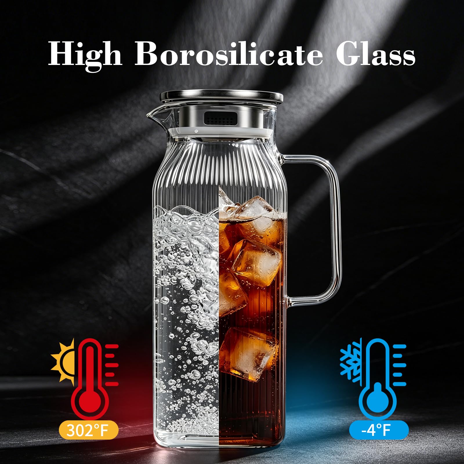 Caraffa Vetro 2 litri, 2PCS Strisce Verticali Brocca Acqua in Vetro Borosilicato con Coperchio in Acciaio Inossidabile, Borosilicato Resistente al Calore per Bevande Calde o Fredde (2 L/ 70 oz.)