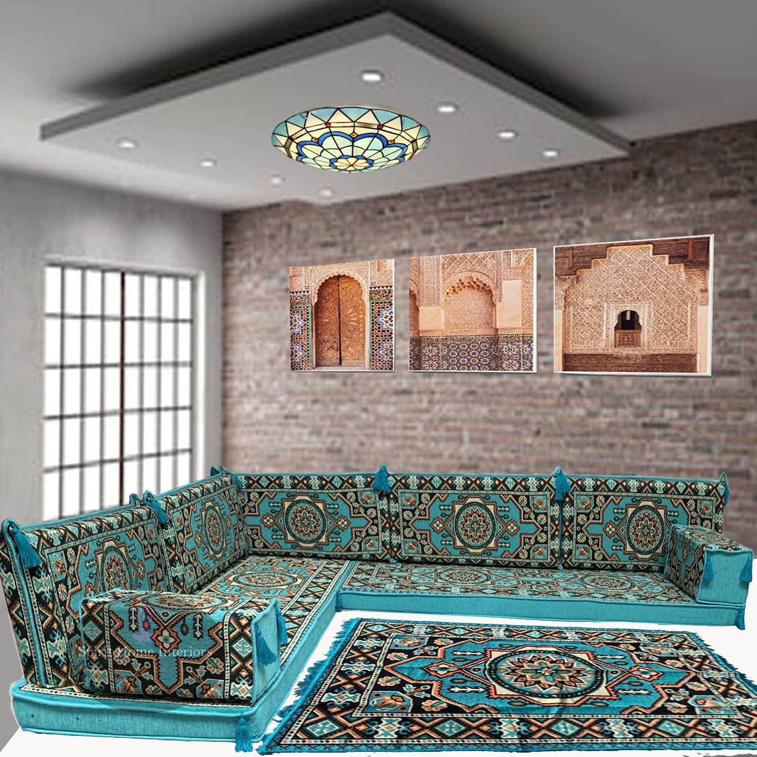 Blue corner sofa floor cushions majlis seating bohemian furniture bench cushions kilim pillows / SHI_C2126