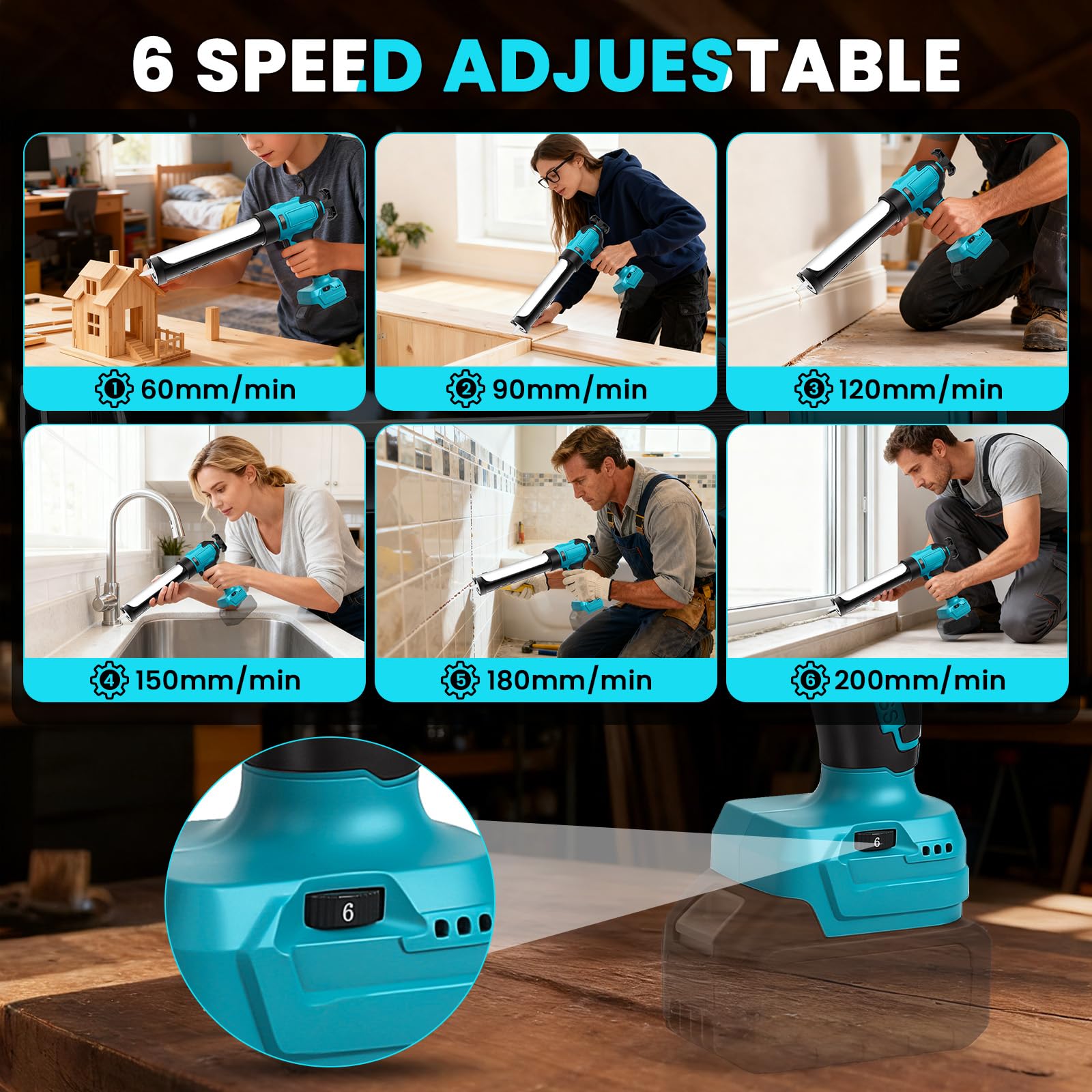Pistola Selladora Inalámbrica para Makita 18V (sin Batería) | Pistola de Calafateo Eléctrica, 6 Velocidades Ajustables, Pantalla Digital y Luz LED, para Rellenar y Sellar
