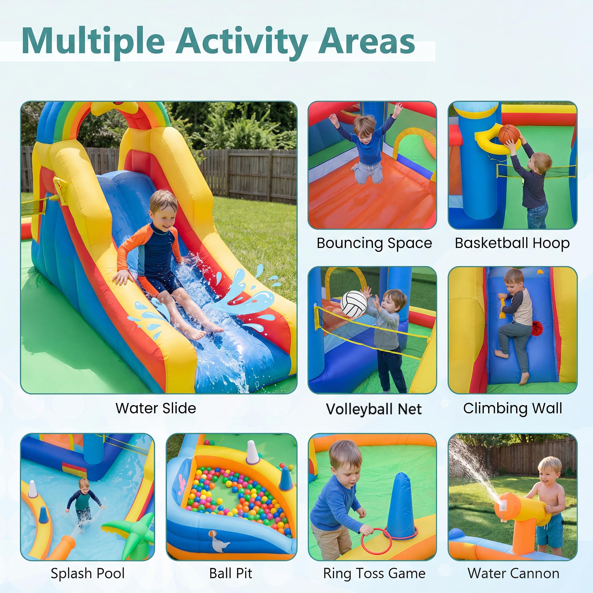 GIANTEX Castello Gonfiabile per Bambini 3+ Anni, Grande Parco Acquatico, in Tessuto Oxford, 2 Piscine, Scivolo, Trampolino, Parete da Arrampicata, Palle, Borsa da Trasporto, per Esterno, Interno