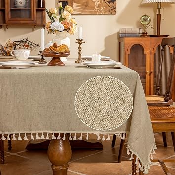 AmHoo Linen Blend Tablecloth Table Cloth 280 GSM Stitching Tassel Rectangle Decorative Natural Table Cover for Kitchen Dinning Wedding Buffet 5586 inch Natural