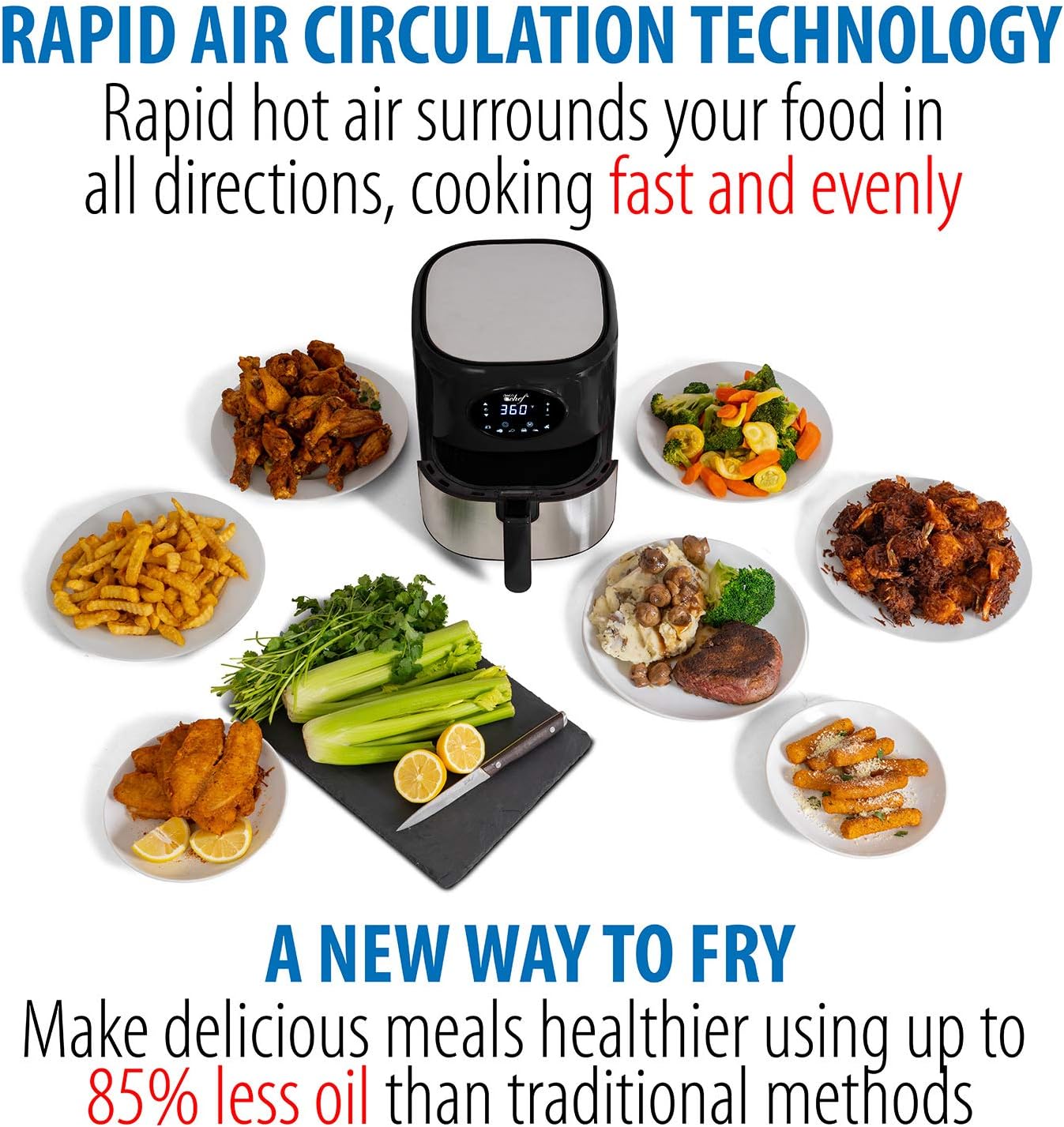 Diagram illustrating rapid hot air circulation around food in the air fryer, with various cooked dishes surrounding the appliance