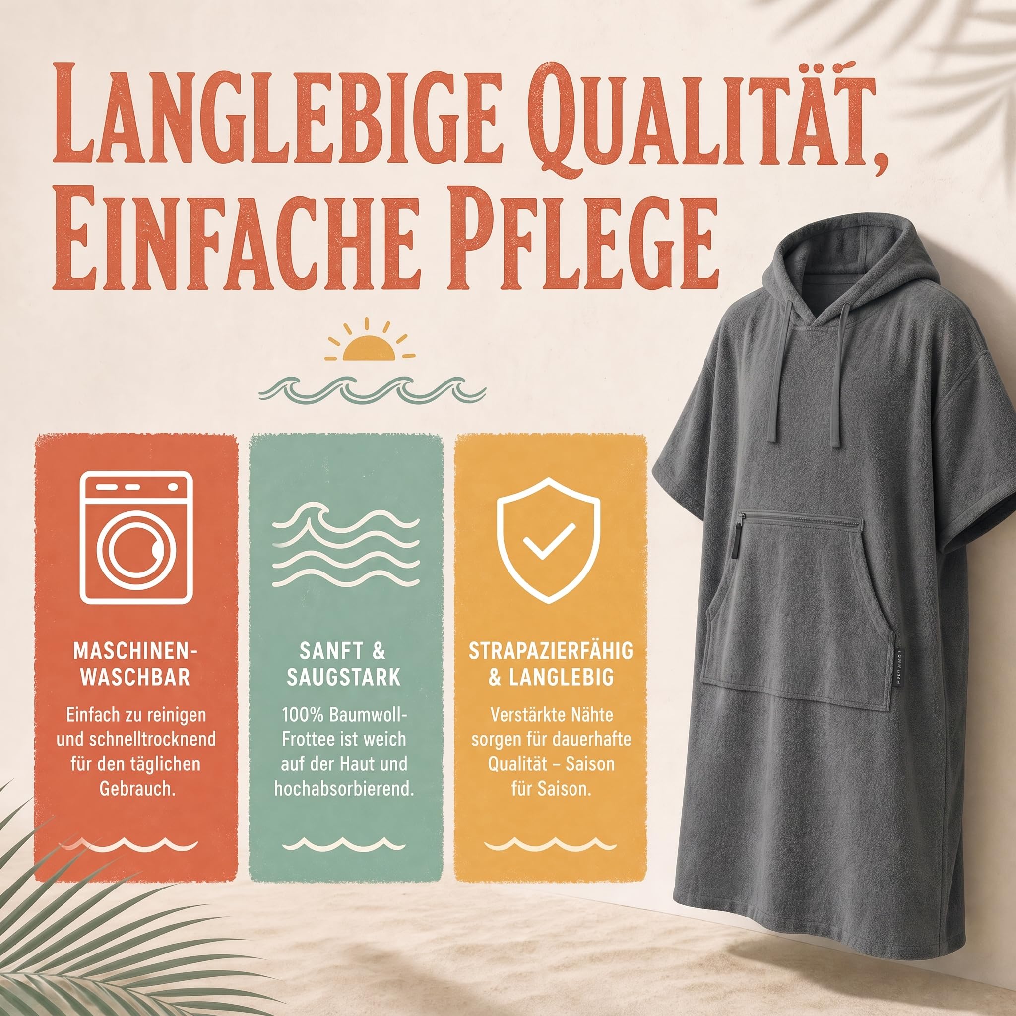 Strandponcho für Damen, Herren & Kinder – Badeponcho aus 100% Baumwolle, Surfponcho zum Umziehen mit Kapuze & Tasche für Strand, Sauna & Pool, Dunkelgrau, S/M